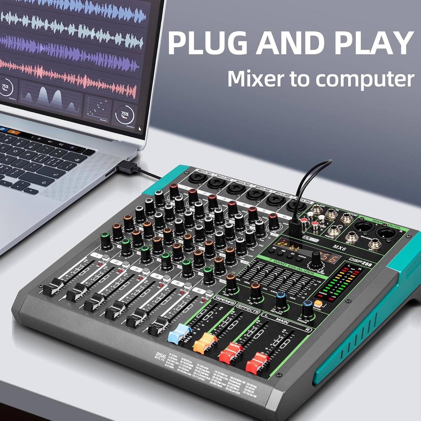 Depusheng MX6 6 Channel Sound Mixer Audio Mixing Console 48V 256DSP Professional USB PC Play Record Podcast Live Broadcast (US MX6)