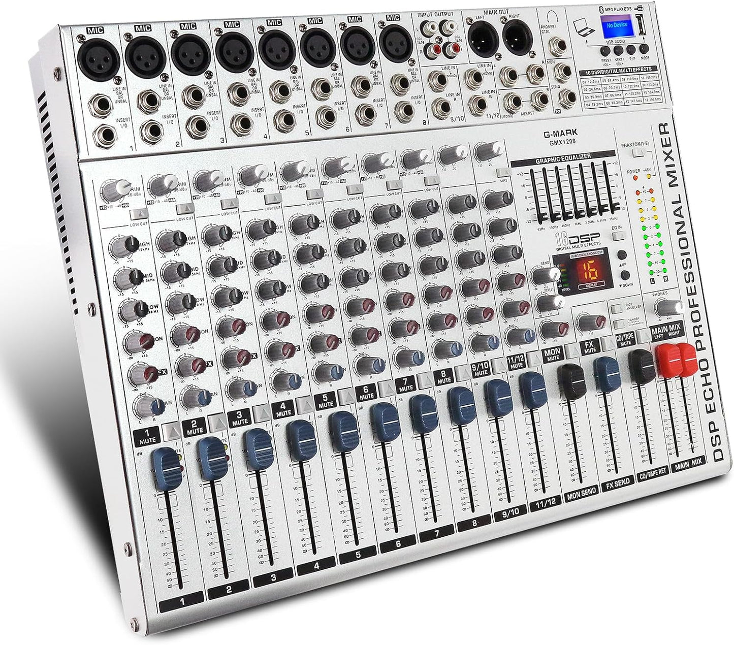 G-MARK GMX1200 DJ Mixer 12 Channel Professional Audio Mixer USB Mixing Console Music Studio 8 Mono 4 Stereo 7 Band EQ 16 Effect Podcast Streaming Audio Interface