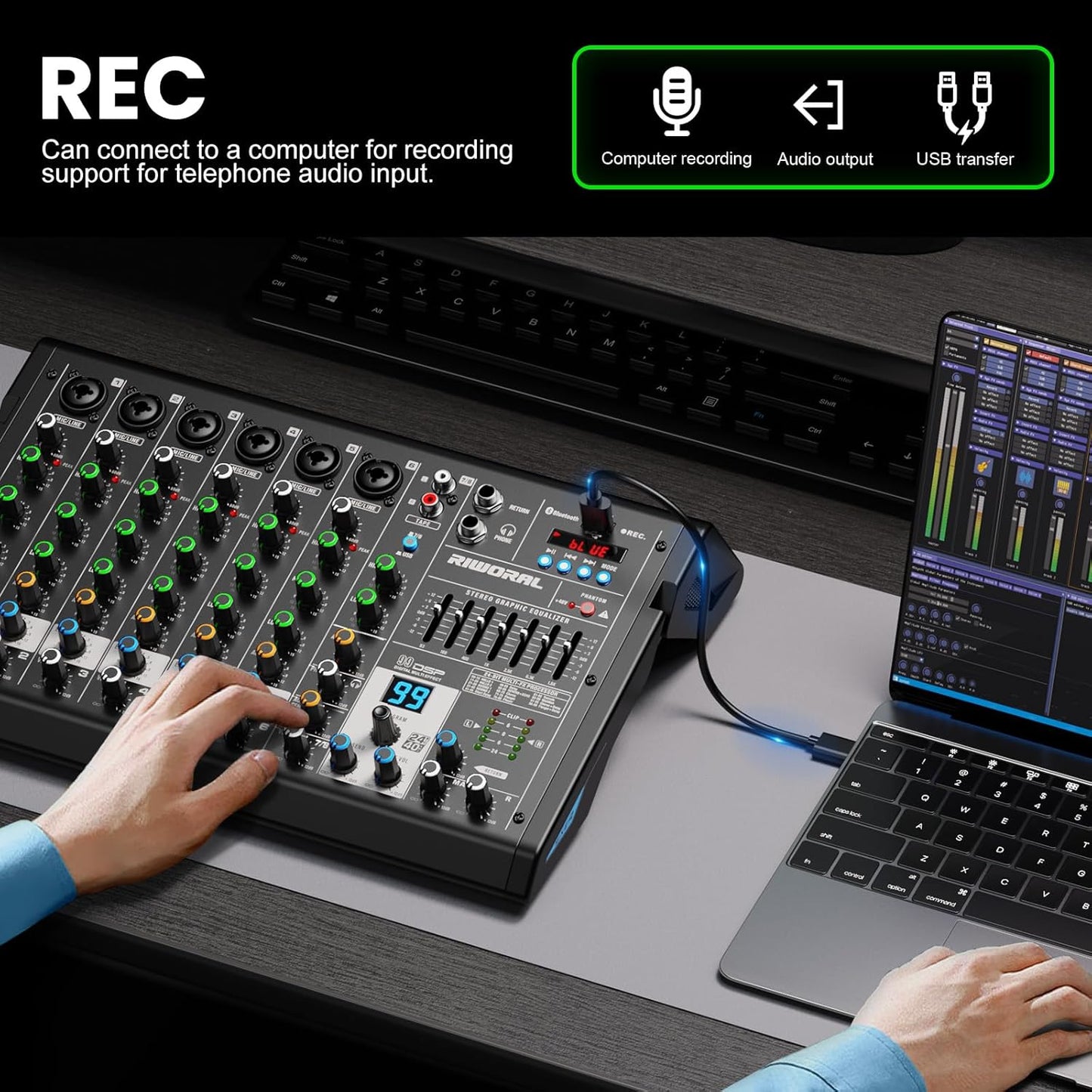 8 Channel Audio Interface DJ Mixing Sound Board 16 DSP Digital Effects With 40khz/24bit Bluetooth USB Rac Interface As Mp3 Player Audio Mixer For Karaoke Streaming Recording