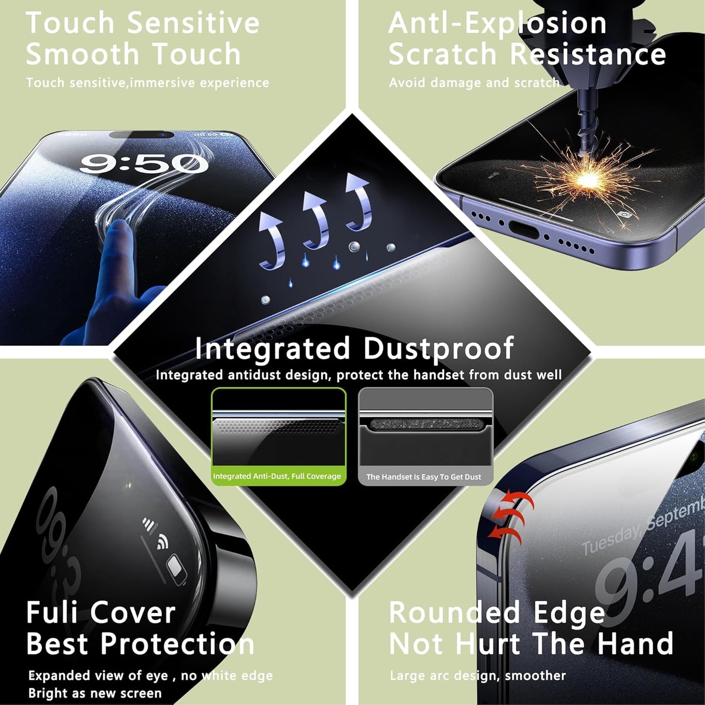 (2-Pack Matte Privacy Anti-Spy Screen Protector for iPhone 14 Pro/15/16 (6.1-Inch),9H Tempered Glass,Anti-Glare,Full Coverage,Anti-Fingerprint,Auto Dust Removal,Bubble-Free