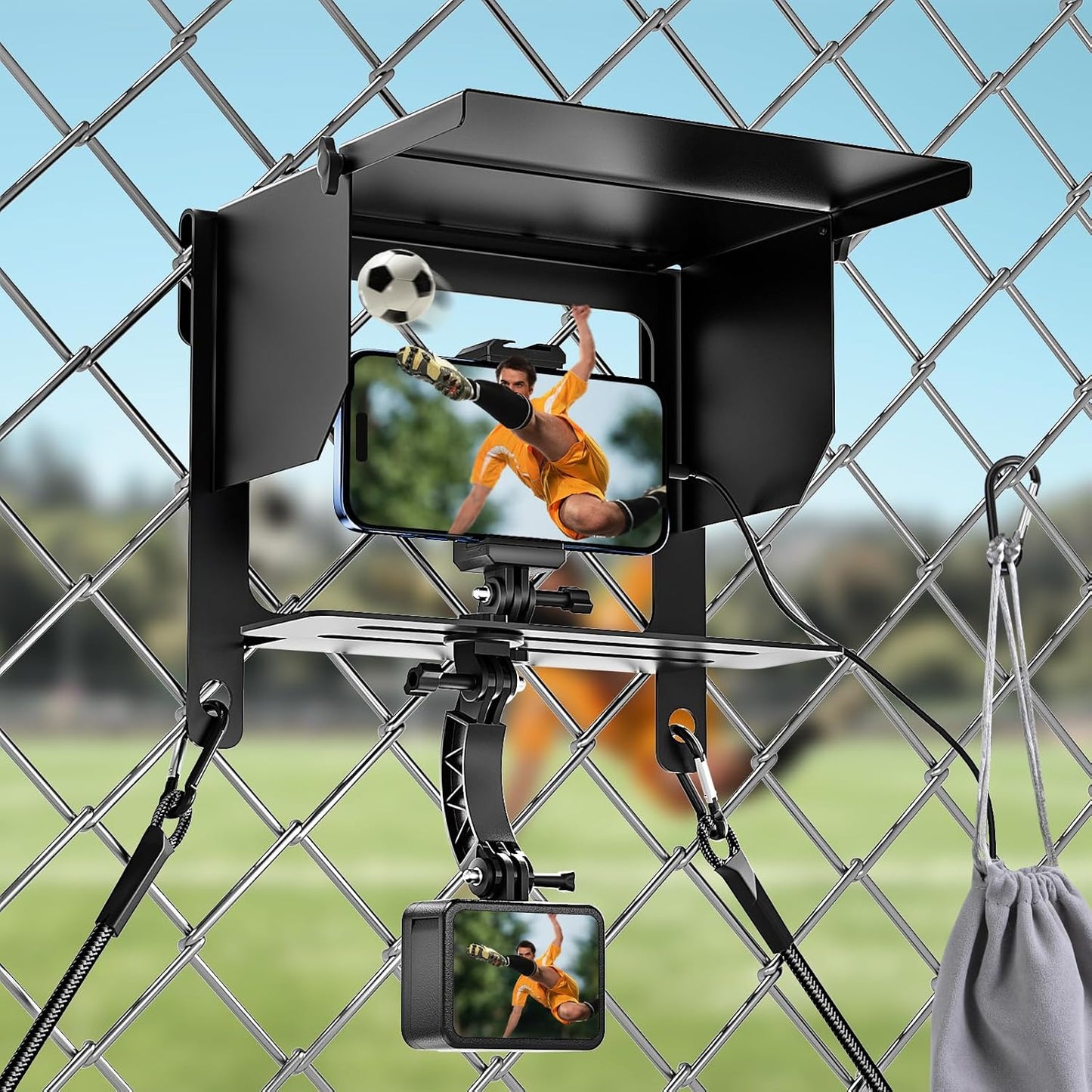 Cell Phone Fence Mount Shade - All-in-One Mounting Kit for iPhone, GoPro, Samsung, Mevo Start, Insta360 and Action Cameras, Ideal for Recording Baseball, Football, Tennis Games