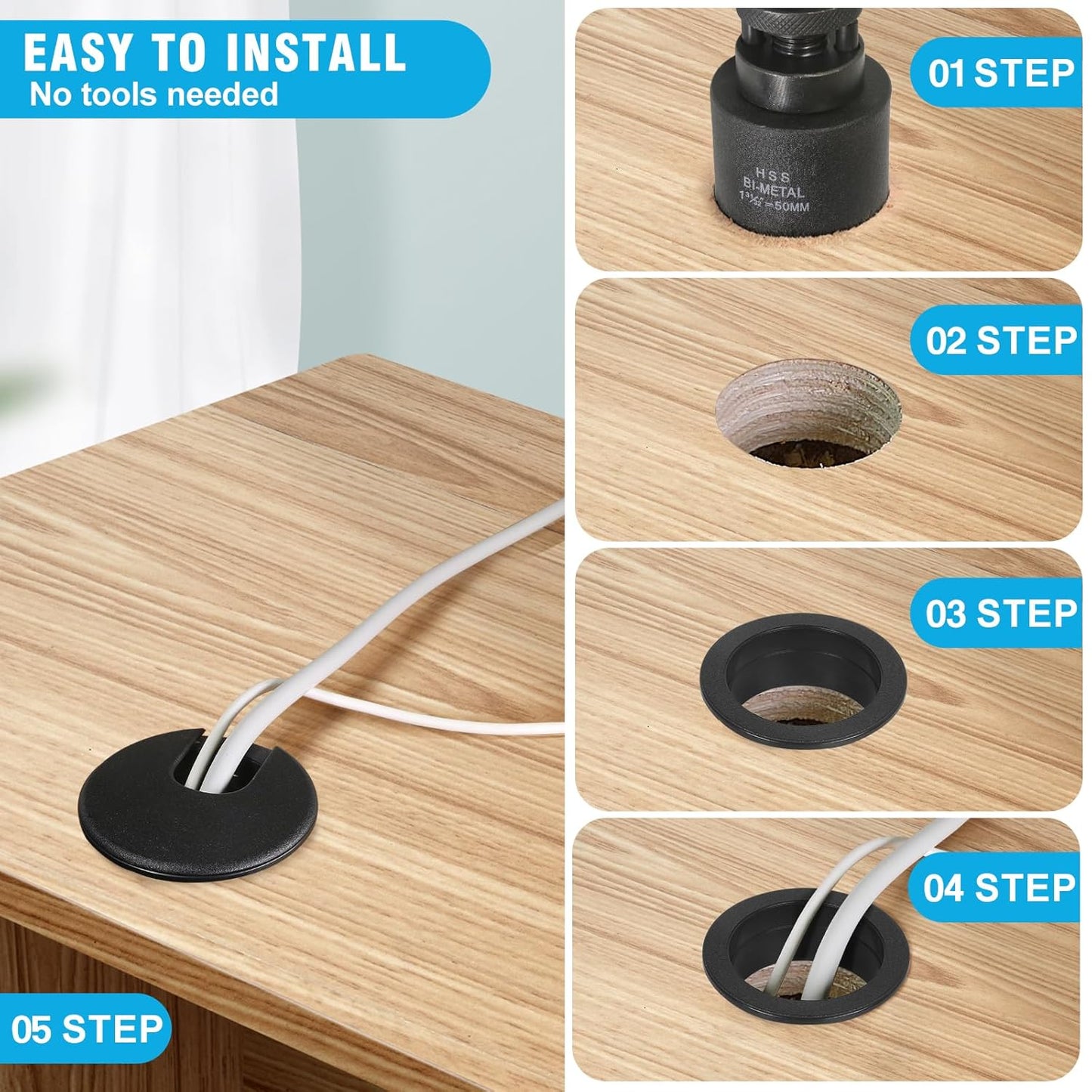 1-3/8" Black Desk Grommet with Bi-Metal Hole Saw, JTemgle Plastic Cable Hole Cover Computer Table Cord Wire Organizer Caps, Desktop Cord Management for Home Office TV Stands Tabletops, 7 Pieces