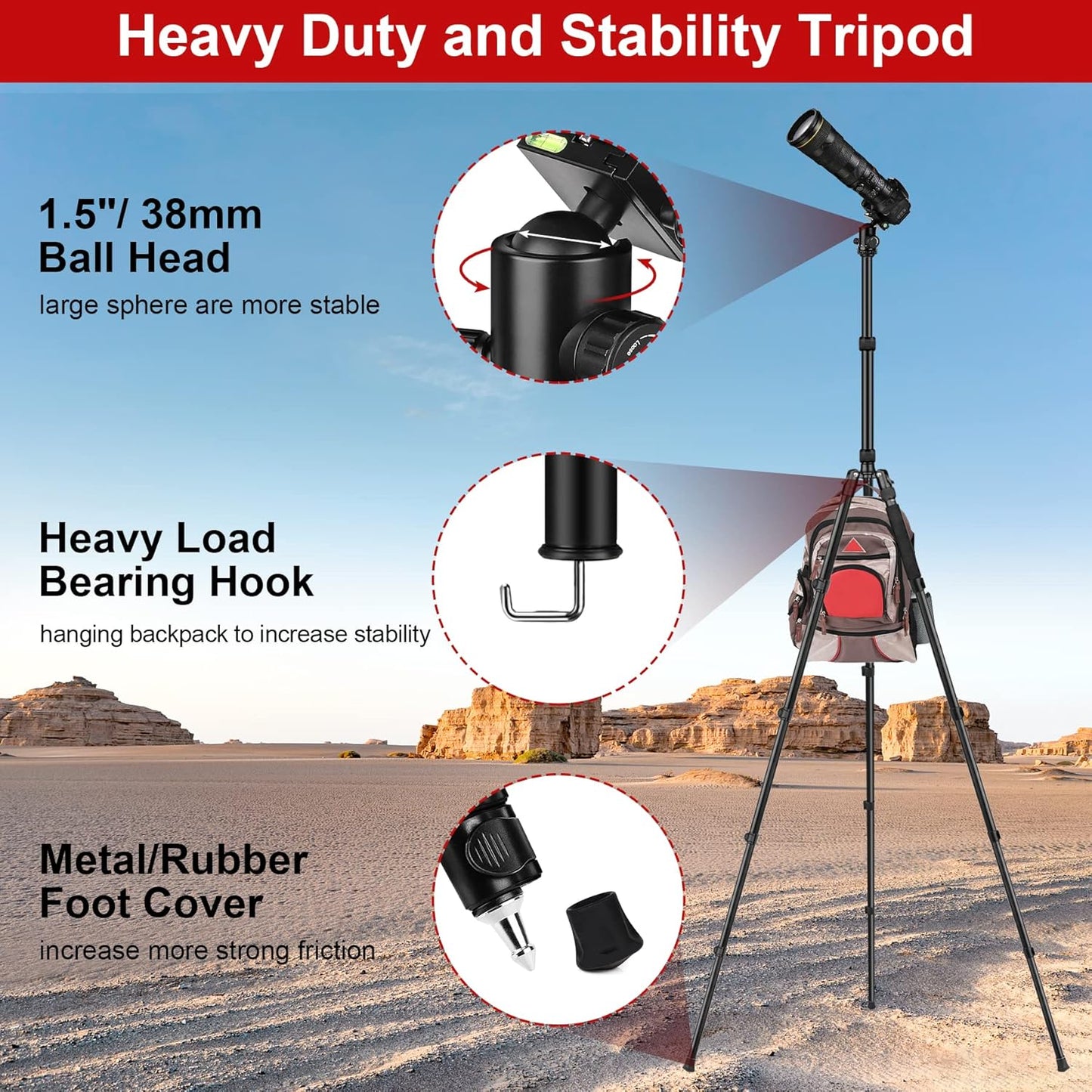 Tripod for Camera, 81" Camera Tripod Stand, 83 inch DSLR Tripods & Monopods, Aluminum Heavy Duty Tripod for Binocular Spotting Scope Telescope Phone