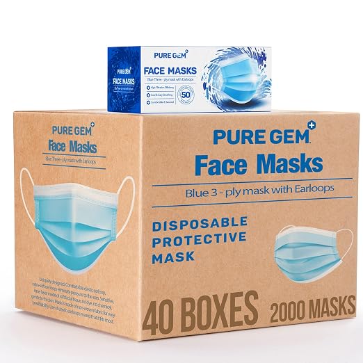 3-Ply Disposable Face Masks, Soft on Skin, Pack of Blue Masks by PURE+GEM