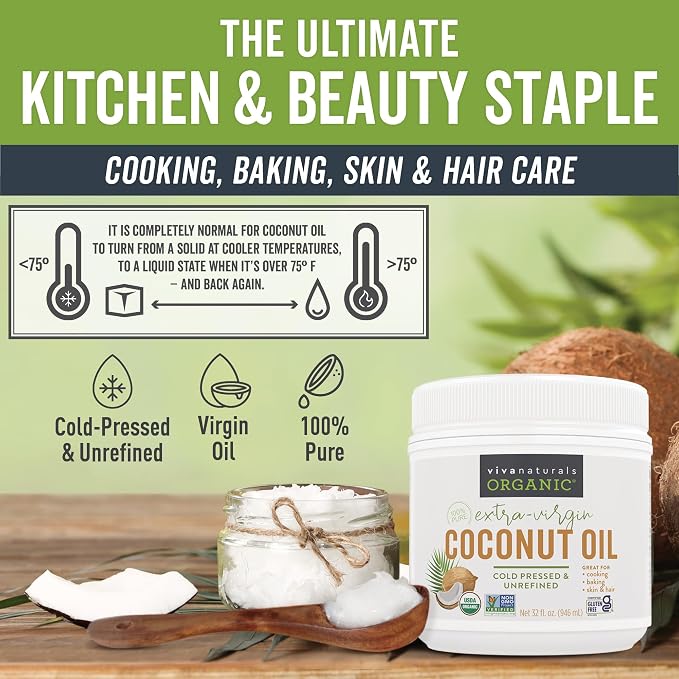 Viva Naturals Organic Coconut Oil, 32 fl oz – Unrefined, Cold-Pressed Extra - Image 4