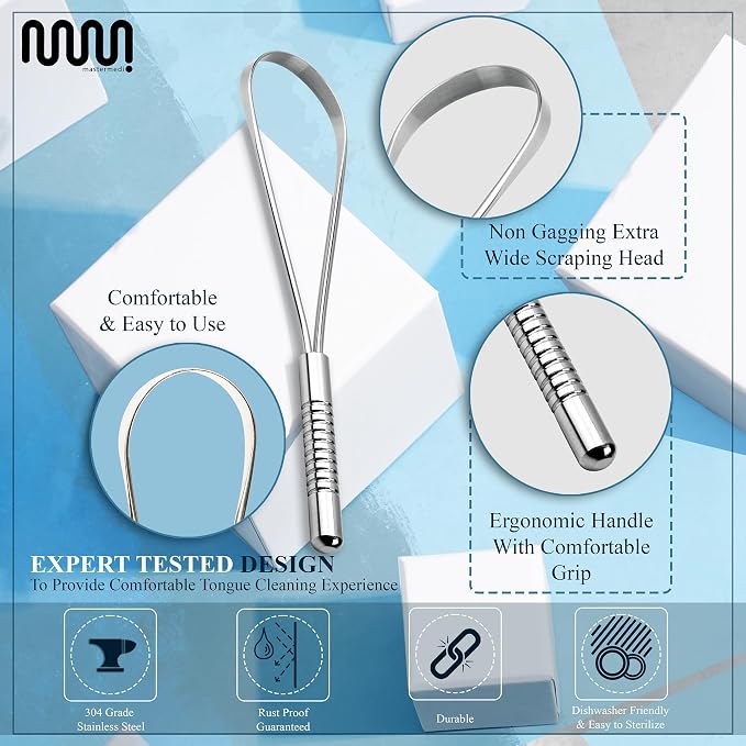 MasterMedi Tongue Scraper for Adults, 100% Stainless Steel Tongue Scrubber for - Image 3