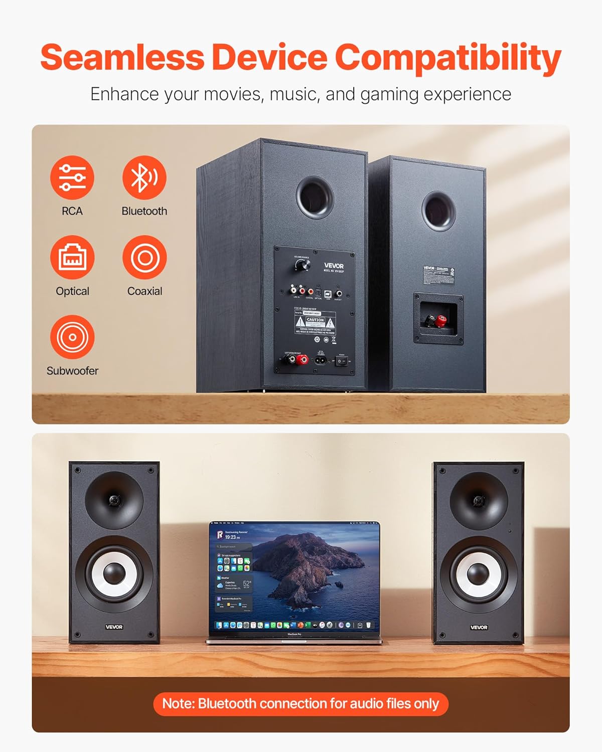 VEVOR Powered Bookshelf Speakers, 25W x 2, Active Studio Monitor Speaker with 5.5 Inch Woofer, Bluetooth/RCA/Coaxial/Optical/USB/Subwoofer Connection, Wooden Enclosure, for Record Player Turntable PC