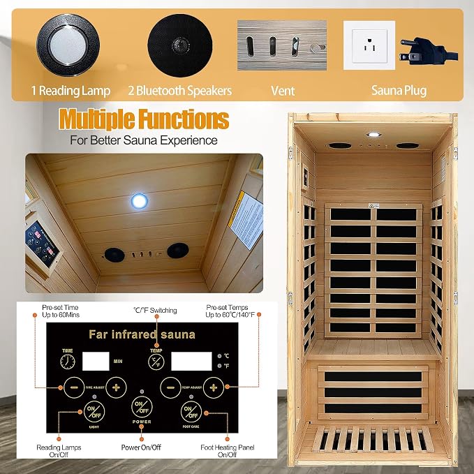 Far Infrared Sauna 1 Person Infrared Sauna Room Canadian Hemlock Wooden Sauna - Image 5