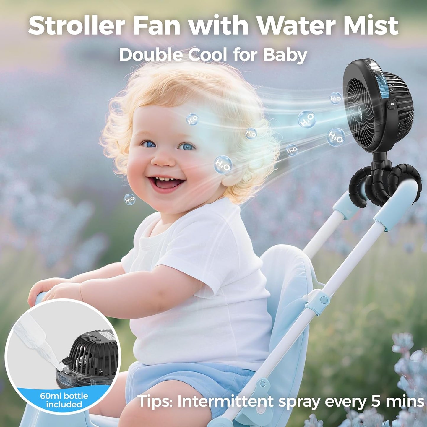 2025 Upgarded 4000mAh Misting Baby Stroller Fan, Rechargeable Battery Operated,Max 15Hrs Cooling,50ml Portable Water Sprayer Misting Fan with Flexible Tripod Clip on Car Seat Crib Treadmill Bunk Bed