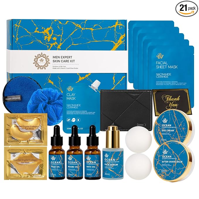 21 Pcs Men Facial Skin Care Set, Father's Day Gifts, Bath & Beard Gift Set by RAROSAACCA