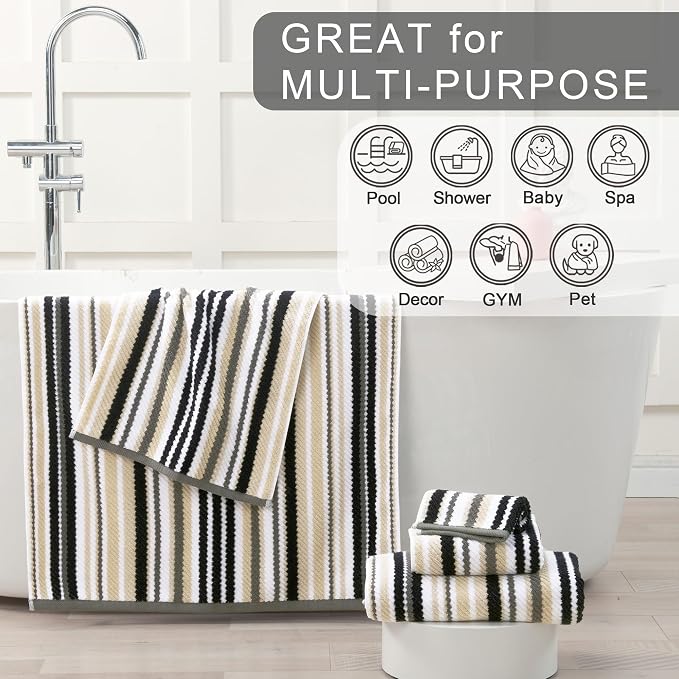 VOOVA & MOVAS Quick Dry Soft Absorbent Black Striped Towel Set - Image 4