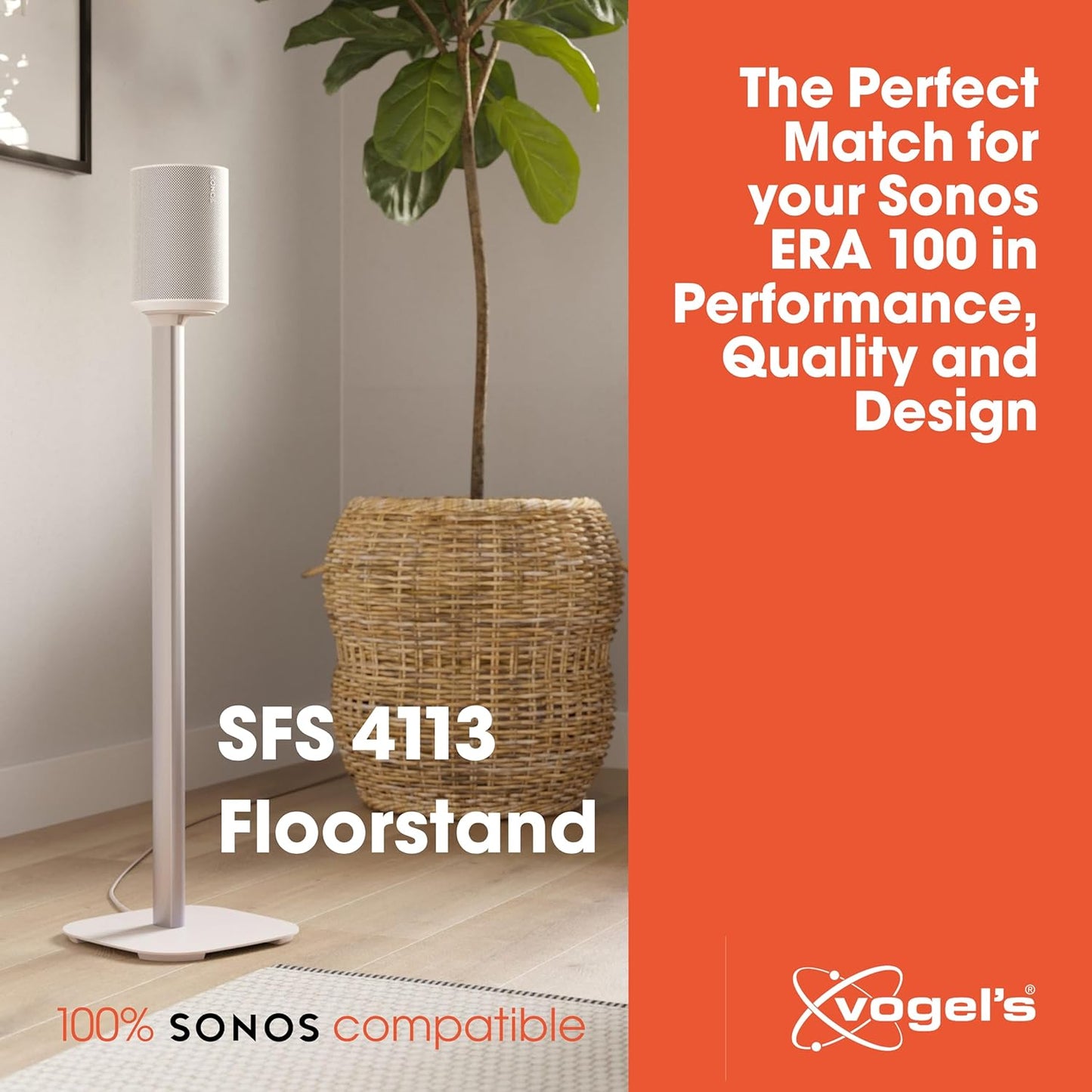 Vogel's SFS 4113 Speaker Floor Stand for Sonos ERA 100, Cable Inlay System, Height: 32,3 inch (82 cm), Exceptionally Stable, White, 1 Floor Stand