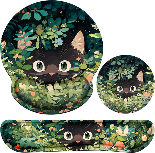 Ergonomic Keyboard Wrist Rest, Mouse Pad with Wrist Rest Anime, Cat Gaming Mousepad with Wrist Support, Memory Foam Wrist Rest Set for Computer Keyboard, Funny Cute Office Desk Accessories