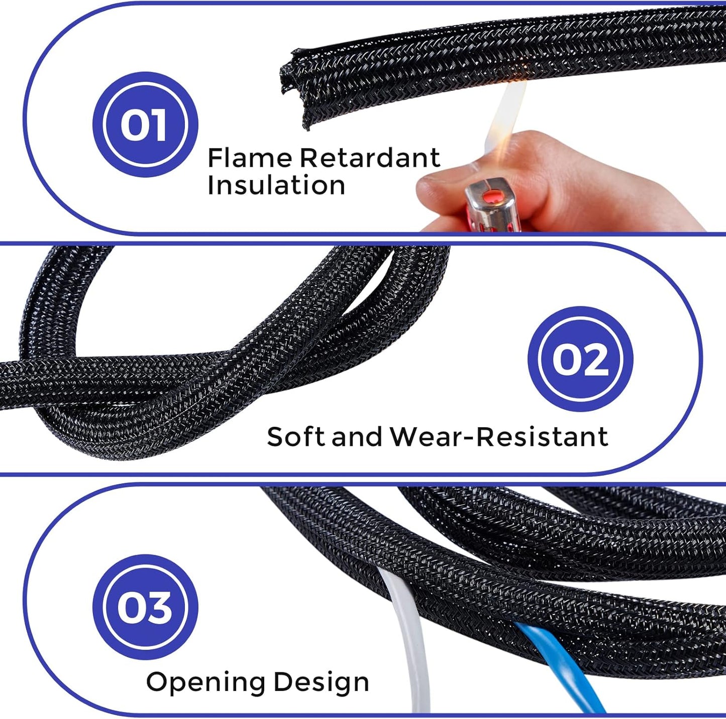 Cable Management Sleeves 1.5in - 2 Pack 4.1ft Split Braided Cable Sleeve Black, Wire Organizers for Cords, Hard PE Cord Protectors from Pets, Flexible Cord Wrap Wire Sleeve for Computer Cord Organizer