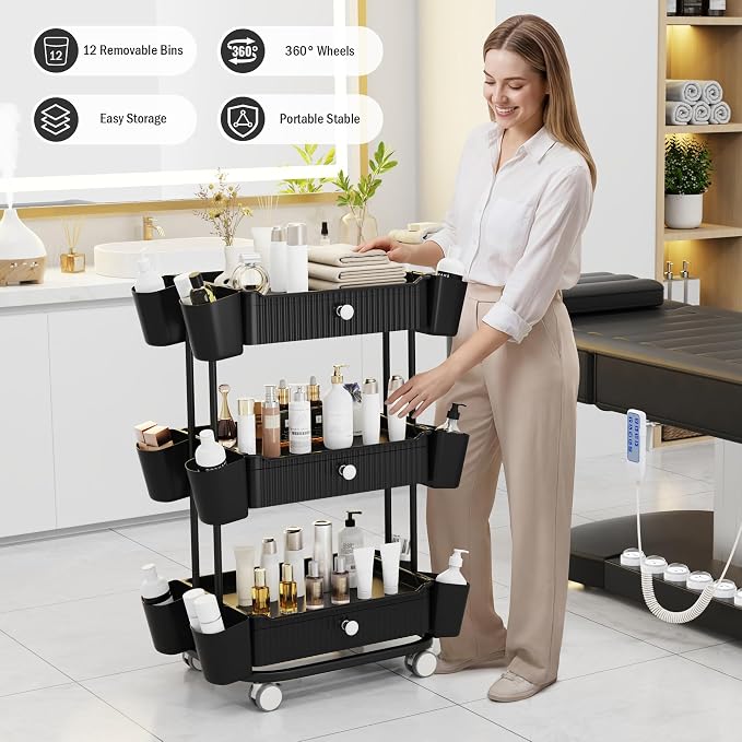 3 Tier Drawer Beauty Cart with 12 Movable Storage Organizer, Thickened ABS & - Image 3