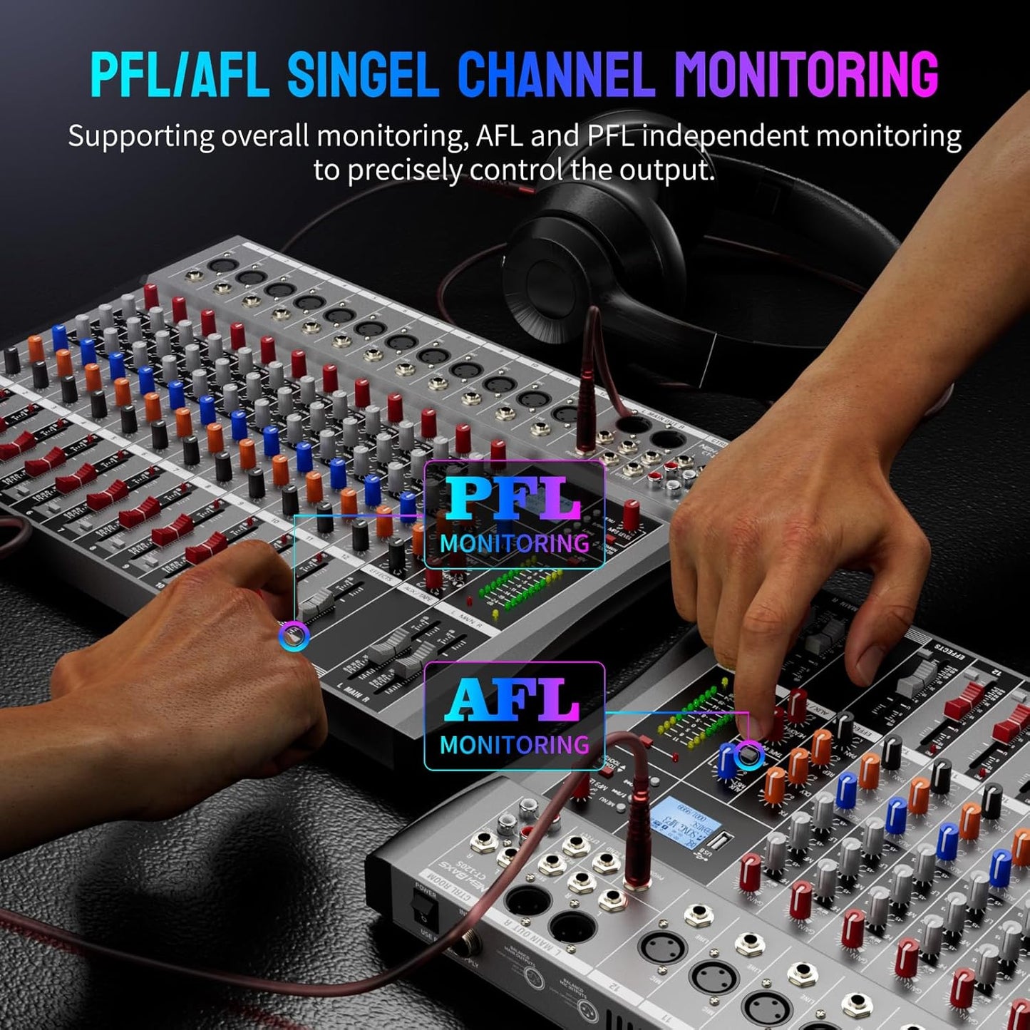 Professional DJ Audio Mixer, 12 Channel Audio Mixer, Bluetooth Sound Mixer, USB Interface, 12 XLR Mic/Line Input, AUX, FX Processor MP3, Headphone,+48V Phantom For Karaoke Studio Streaming Recording