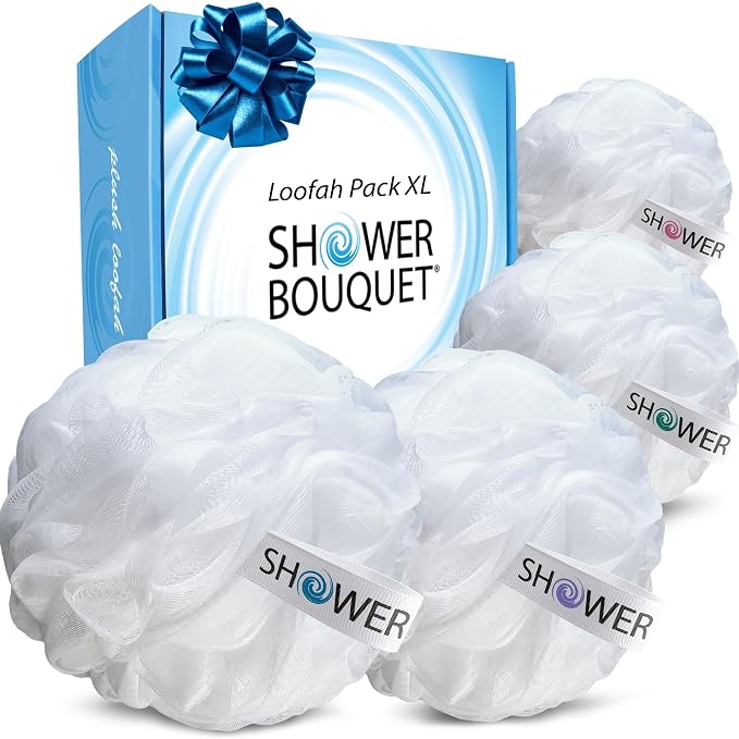 SHOWER BOUQUET Loofah Soft-White-Cloud XL Bath-Sponge 4-Pack // Extra Large 75g by ShowerBouquet%C2%AE