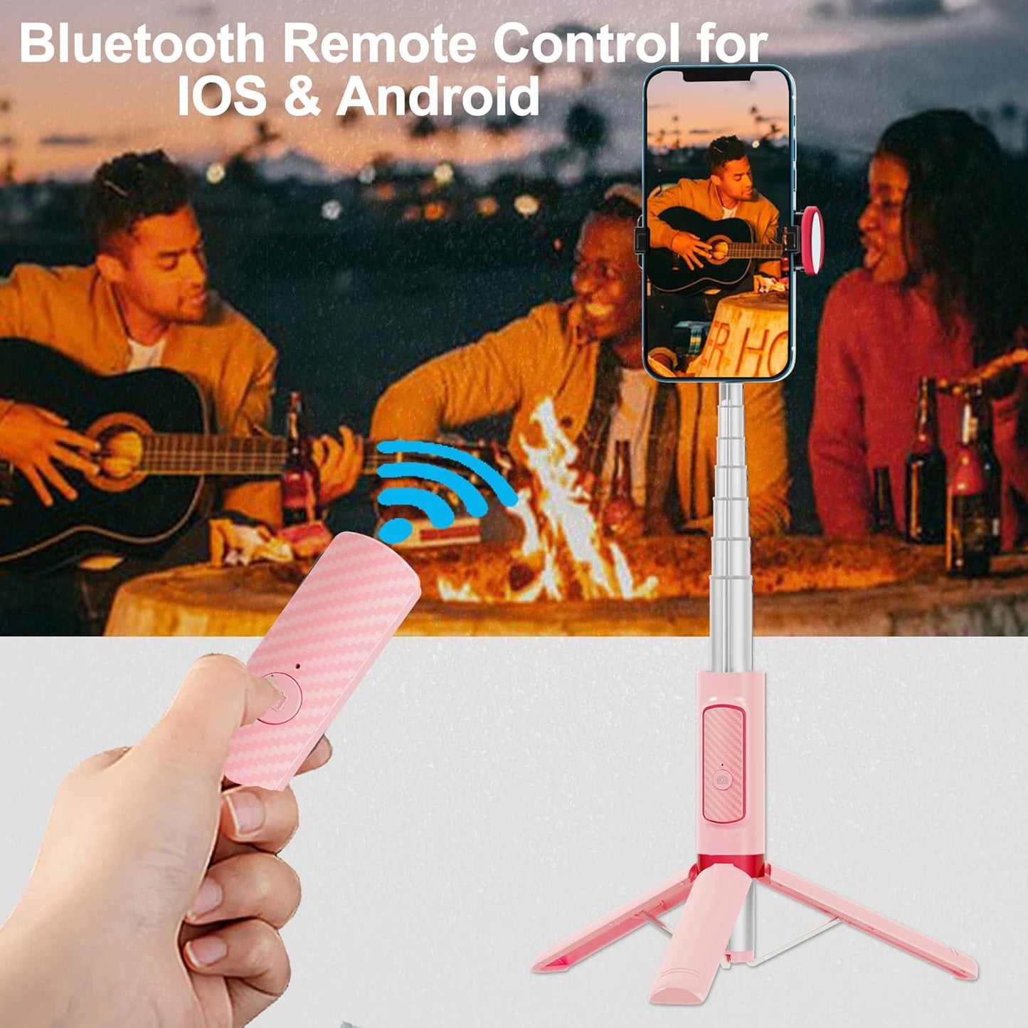Selfie Stick, Foldable Cellphone Tripod with Remote, Travel Tripod for iPhone Series Android, Video Recording - Pink