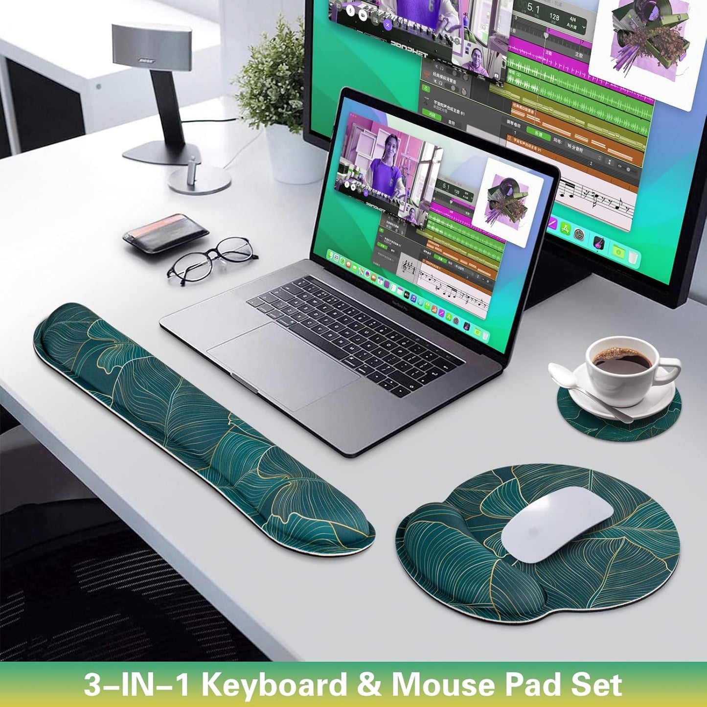 Mouse Pad with Wrist Rest Set, 3-in-1 Wrist Support Mousepad Set, Gaming Mat Pad with Anti-Skid Base,Ergonomic Mouse Pad Green,Memory Foam Gel Wrist Rest for Computer Keyboard