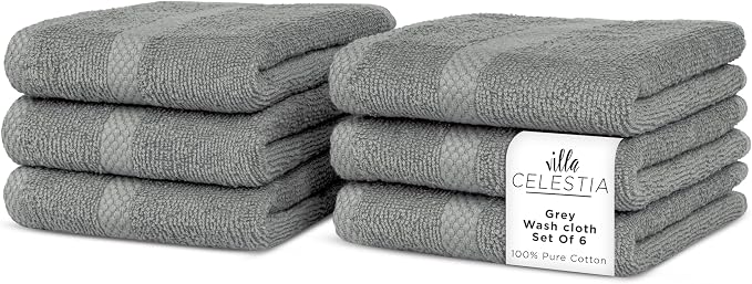 100% Cotton Wash Cloth for face & Body Set of 6, Sustainable, Highly Absorbent by VillaCelestia