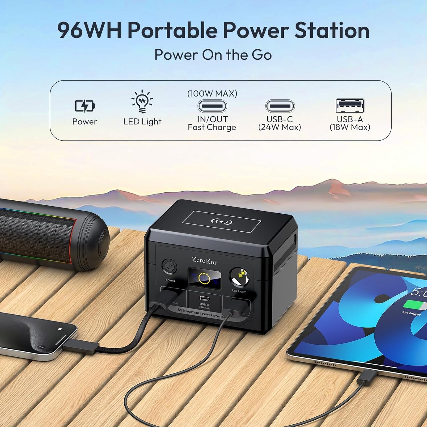 Solar Power Bank with AC Outlet 110V 65W, 100W USB C Power Bank Fast Charging Battery Pack with 30W solar charger Panel Foldable for Laptop Smart Device Outdoor Hilking fishing Power Outage Backup