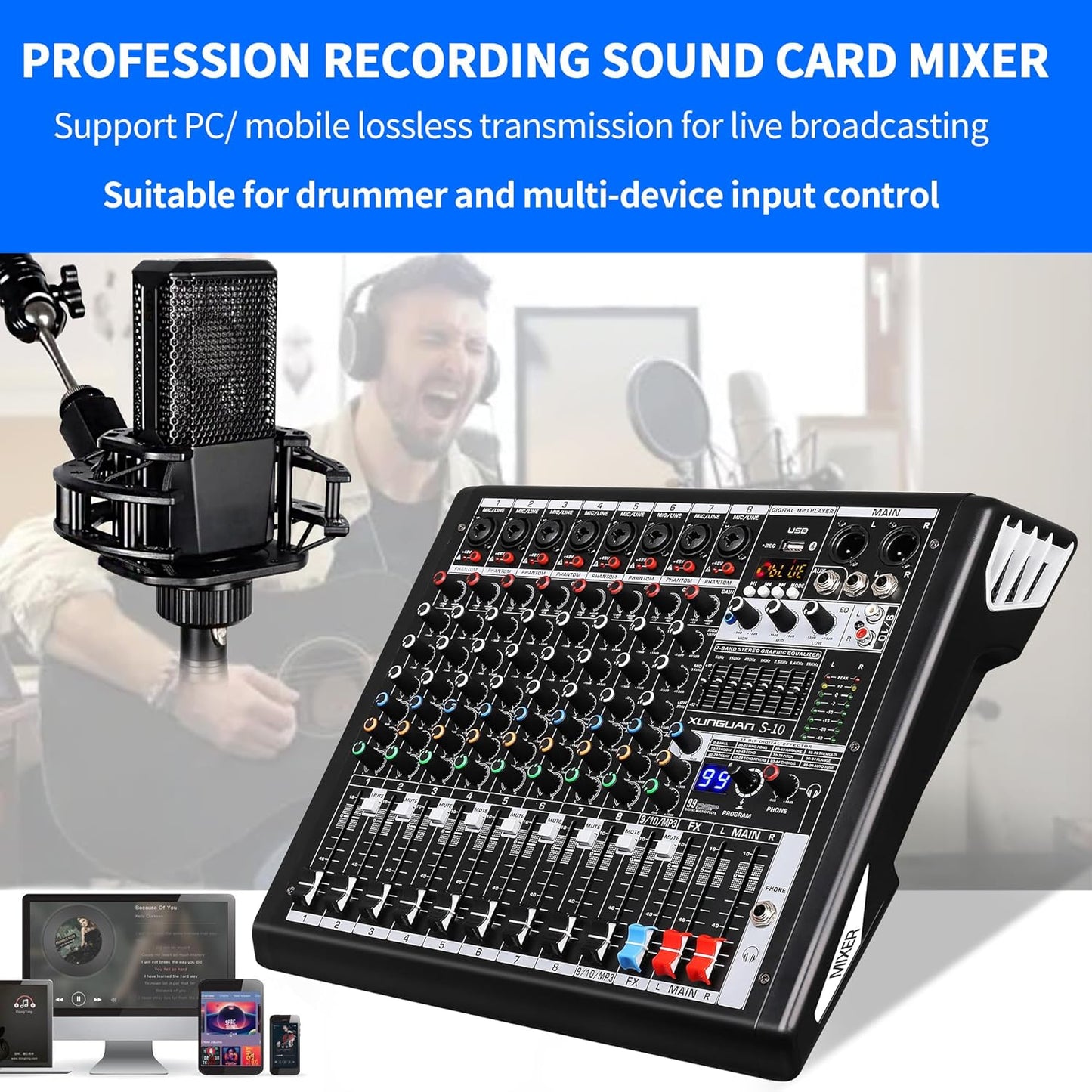S-10 Audio Mixer 10 channel 8 channel Professional DJ Mixing Console with Reverb MP3 Player Bluetooth 48V Phantom Power Supply USB Recording for Studio Karaoke Live Music
