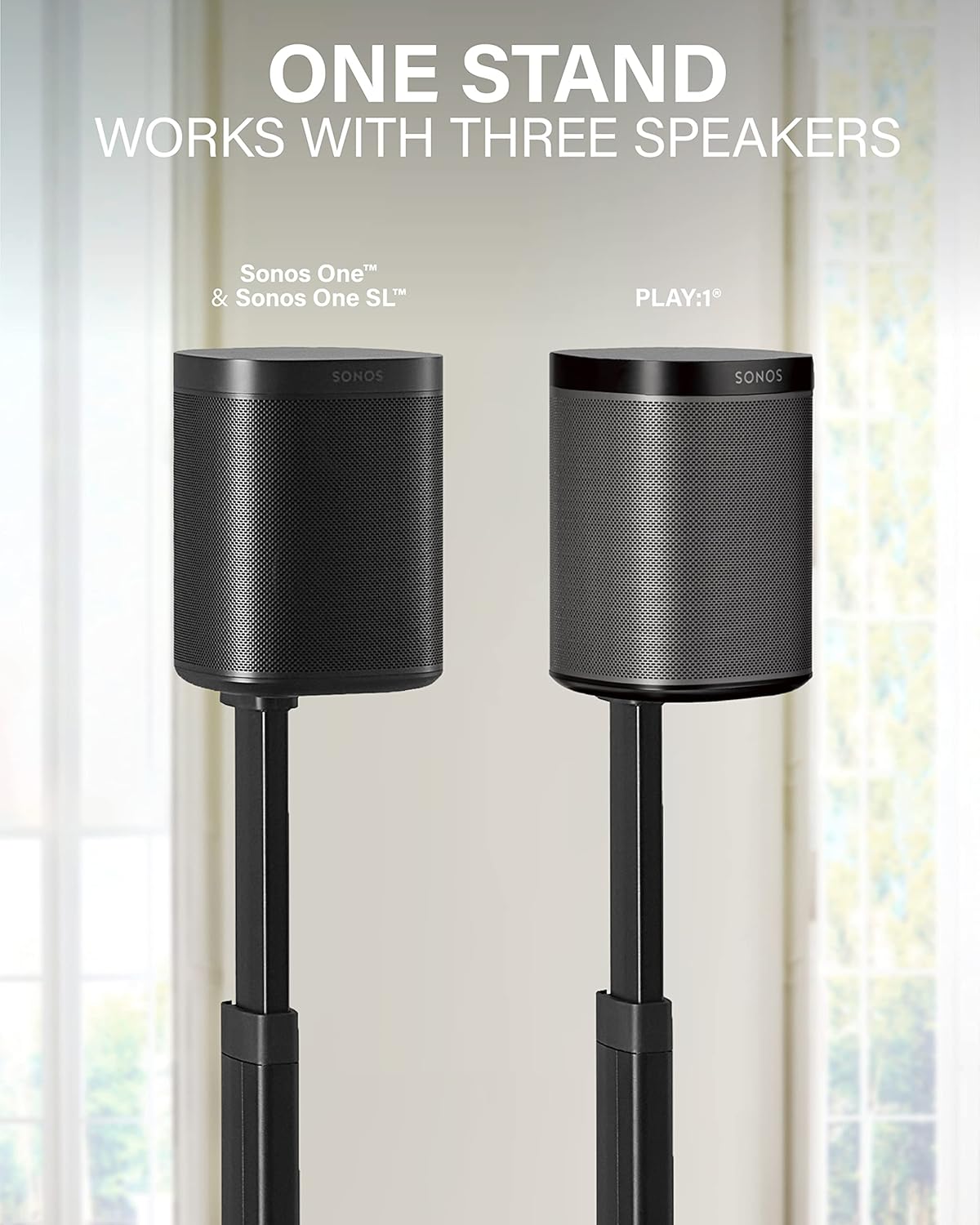 SANUS Adjustable Height Wireless Speaker Stands Designed for Sonos One, One SL, and Play:1 - Tool-Free Adjustment up to 16" and Built-in Cable Management (Black)
