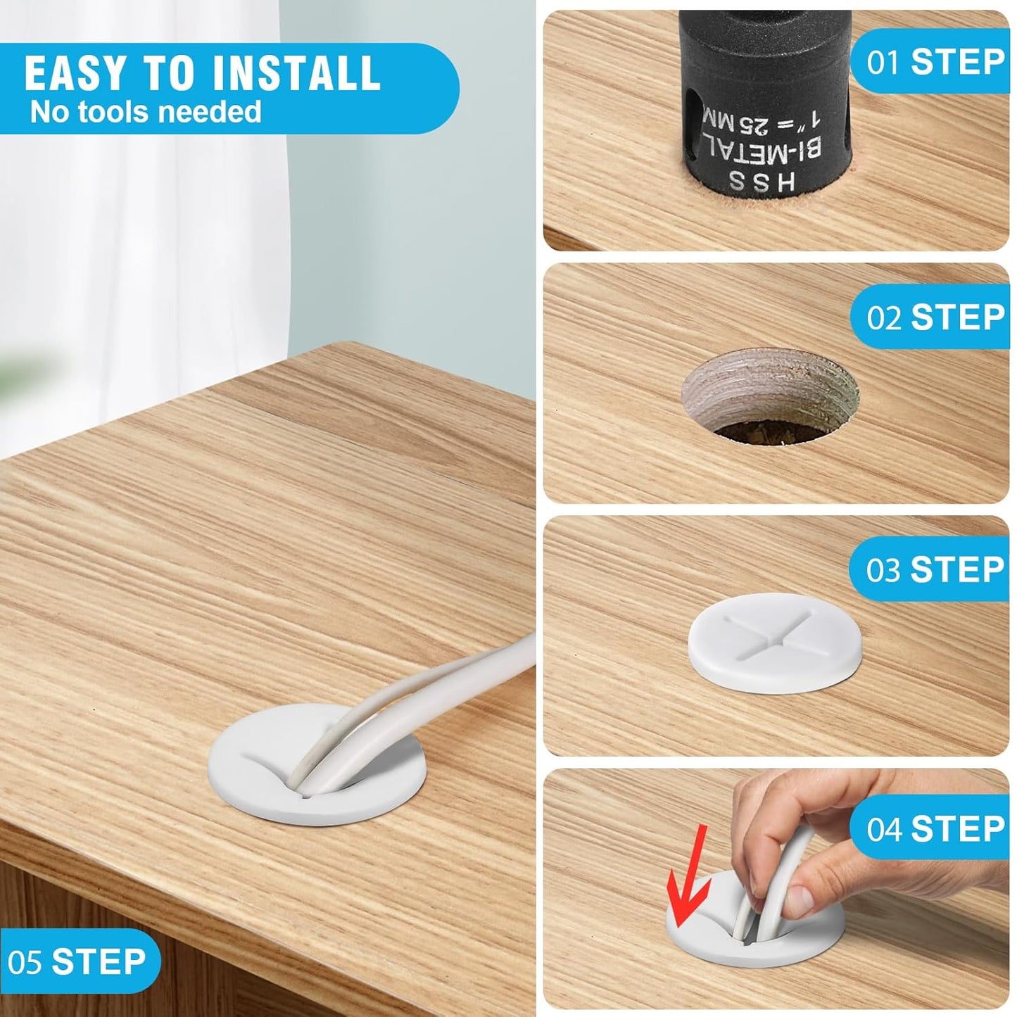 1" White Desk Grommet, JTemgle Flexible Cable Grommet with Bi-Metal Hole Saw Cross Rubber Cable Hole Cover Wire Organizer Caps Desktop Cord Management for Home Office TV Stands Tabletops, 13 Pieces