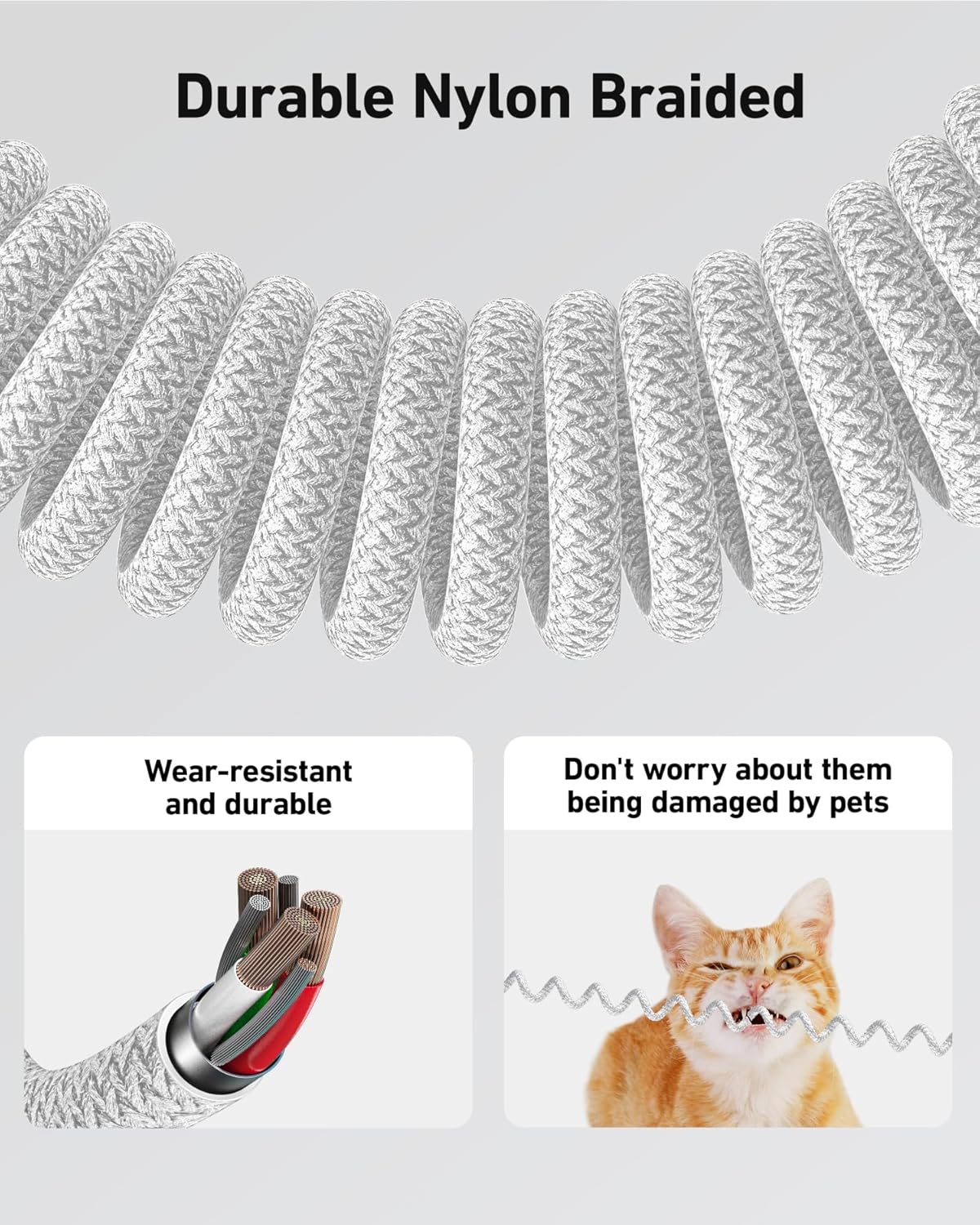 USB C to C Cable 6ft for Car, Coiled Braided USB Type C Cable 66W Fast Charging Cord USBC Cables Compatible with iPhone 17 16 15 Pro Max, iPad, Samsung Galaxy, Google Pixel Phones-Silver 2Pack