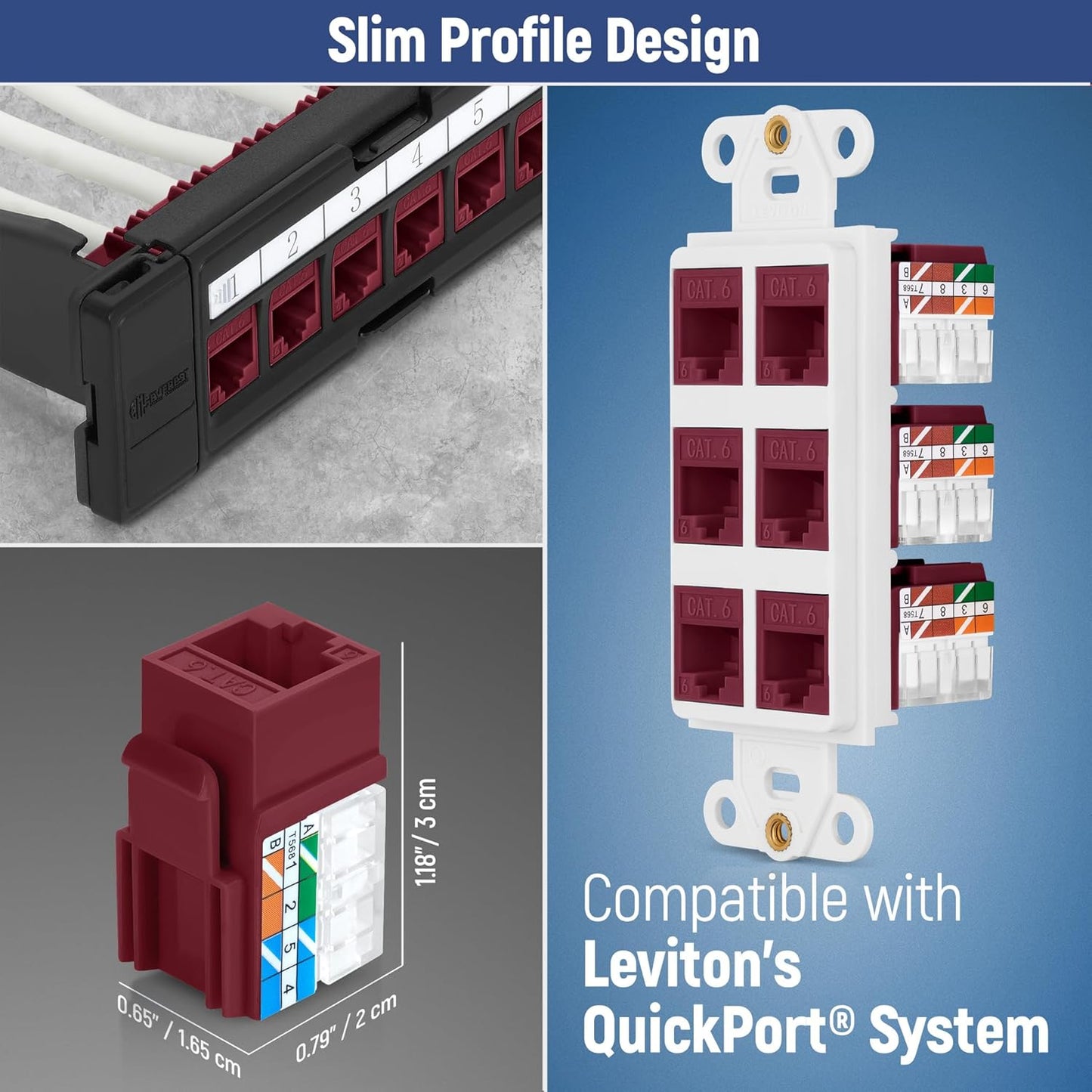 Everest 90° Angled RJ45 Cat6 Keystone Jacks 20-Pack in Red - Slim Profile Female RJ45 Connectors - Cat 6 Keystone Jack - Compatible with 90° Angled Speed Termination Tool - easyJACK (B094WB91H3)