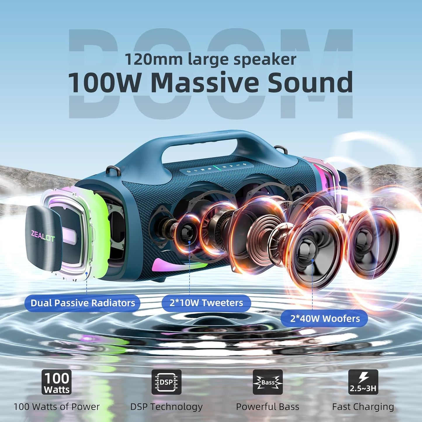 ZEALOT Bluetooth Speaker, 110W Peak(100W) Booming Sound Speakers Wireless, Dual Pairing, XBass, BT 5.3, 24000mAh Power Bank, Portable Outdoor Waterproof Speaker for Camping, Beach Party（Dark Blue