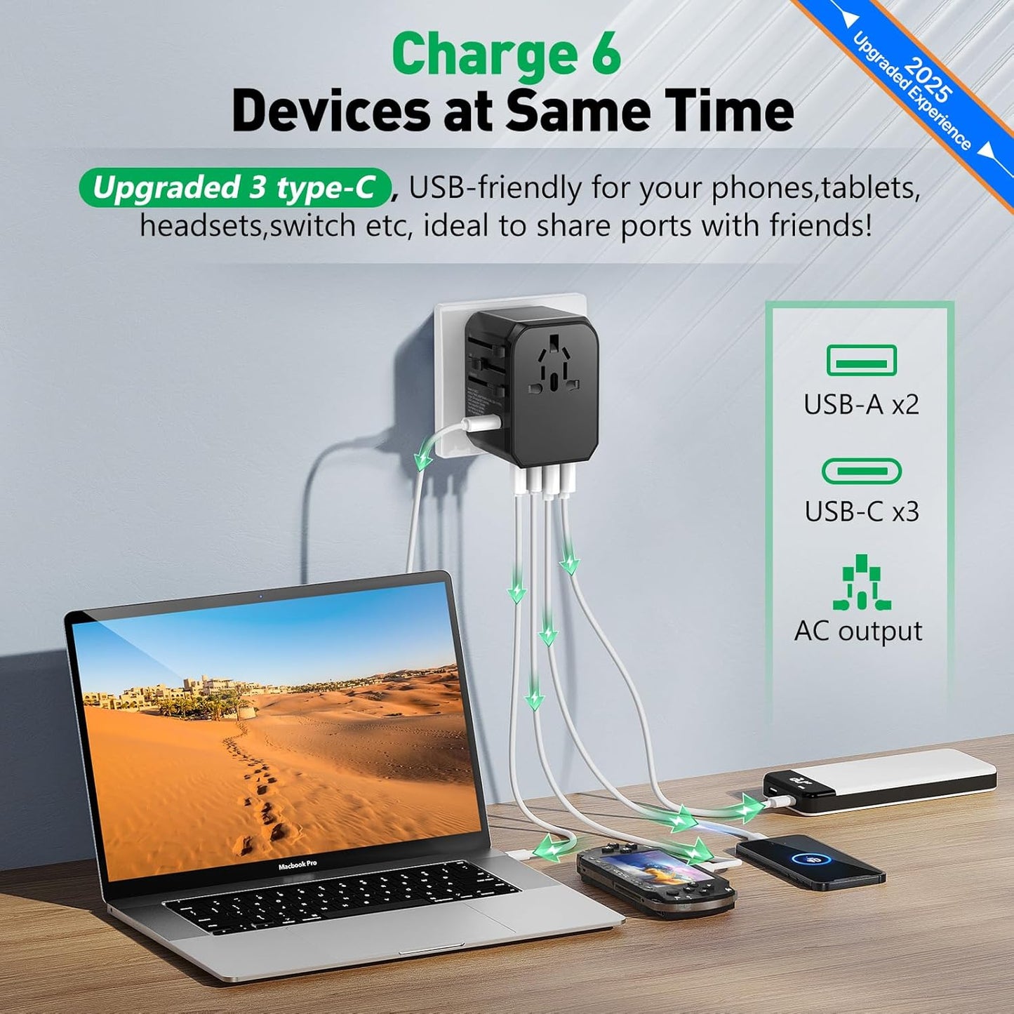 Universal Travel Adapter International Plug - European Travel Plug Adapter Worldwide US AUS EU UK Spain Germany Ireland Italy - All-in-one Travel Outlet Power Adapter with 3 USB C 2 USB A