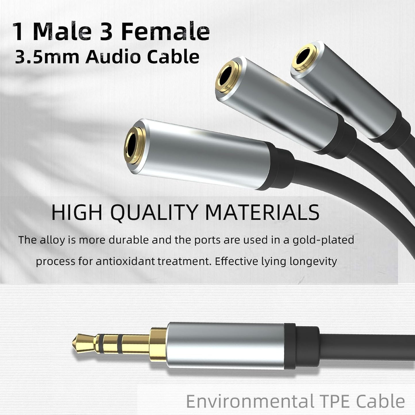 3.5mm Stereo Audio Splitter Cable, Gold Plated 3.5mm (1/8") TRS 1 Male to 3 Female 3-Way Stereo Aux Splitter 1 Input 3 Output Stereo Audio Distributor Cable (3-Pole)