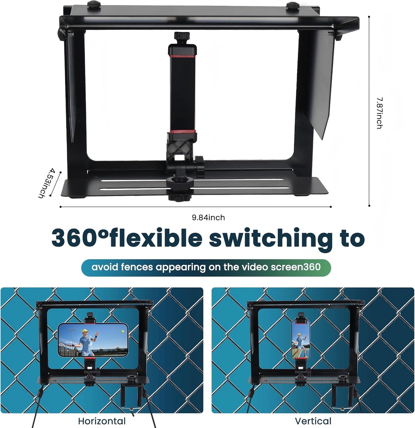 Cell Phone Fence Mount with Adjustable Shade, Mounting Kit for Gamechanger for iPhone, Samsung, GoPro, Mevo Start and Other Action Cameras,for Recording Baseball,Rugby and Tennis Games