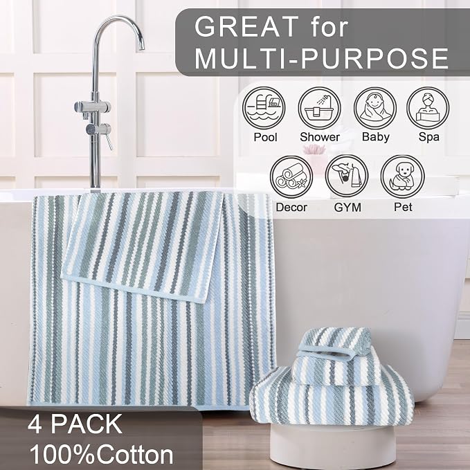 100% Cotton Blue Striped Luxury 6 Piece Towel Set, Quick Dry & Highly Absorbent - Image 5