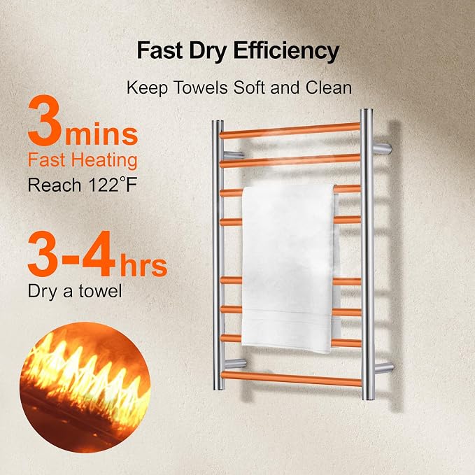 Towel Warmer Polished Chrome for Bathroom Wall Mounted Drying Rack Plug-in - Image 5