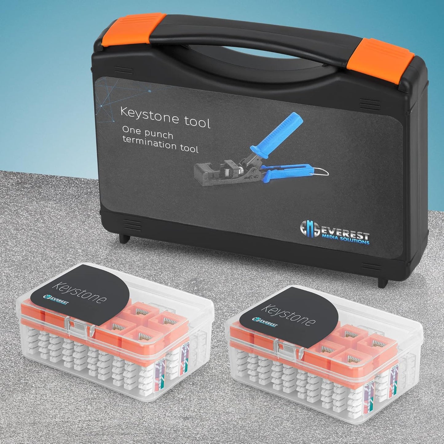 Everest easyJACK - 90° Angled Speed Termination Keystone Tool Set - with 20-Pack of RJ45 Cat6 Keystone Jacks in Orange (Slim Profile Design) - Time Saver Network Punch Down Tool Cat6