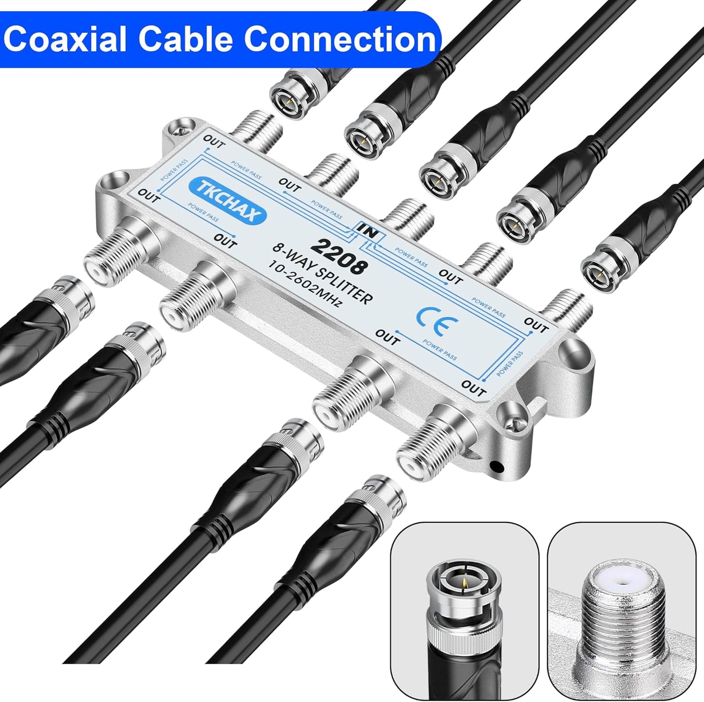 8 Way Coaxial Cable Splitter,Support 10-2602MHz, RG6 Compatible, Nickel-Plated for Cable Splitter,Work with CATV, Satellite TV,Antenna System and MoCA Configurations