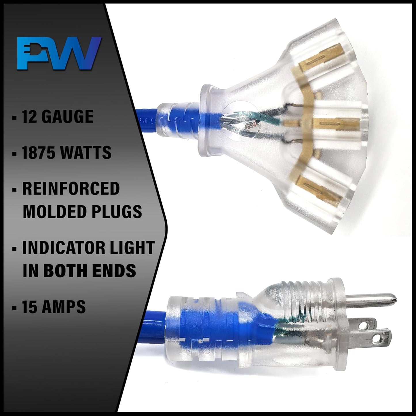 50 ft - 12 Gauge Heavy Duty Extension Cord - Lighted on Both Ends - SJTW Blue - Outdoor Extension_Cord Waterproof 50 ft by Premier Wire - 15 Amp ExtensionCord (50 Foot 12-Awg Power Cord Blue)