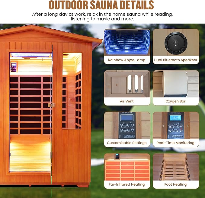 OUTEXER Outdoor 4 Person Sauna Far Infrared Saunas Dry Sauna Room Red Cedar and - Image 5