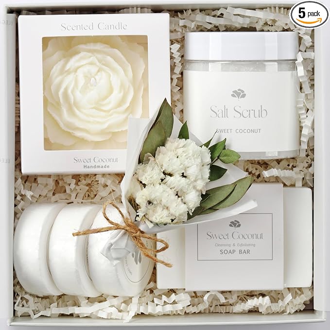 Mothers Day Spa Basket for Women – Sweet Coconut Luxury Candle & Bath Set by LaurGifts