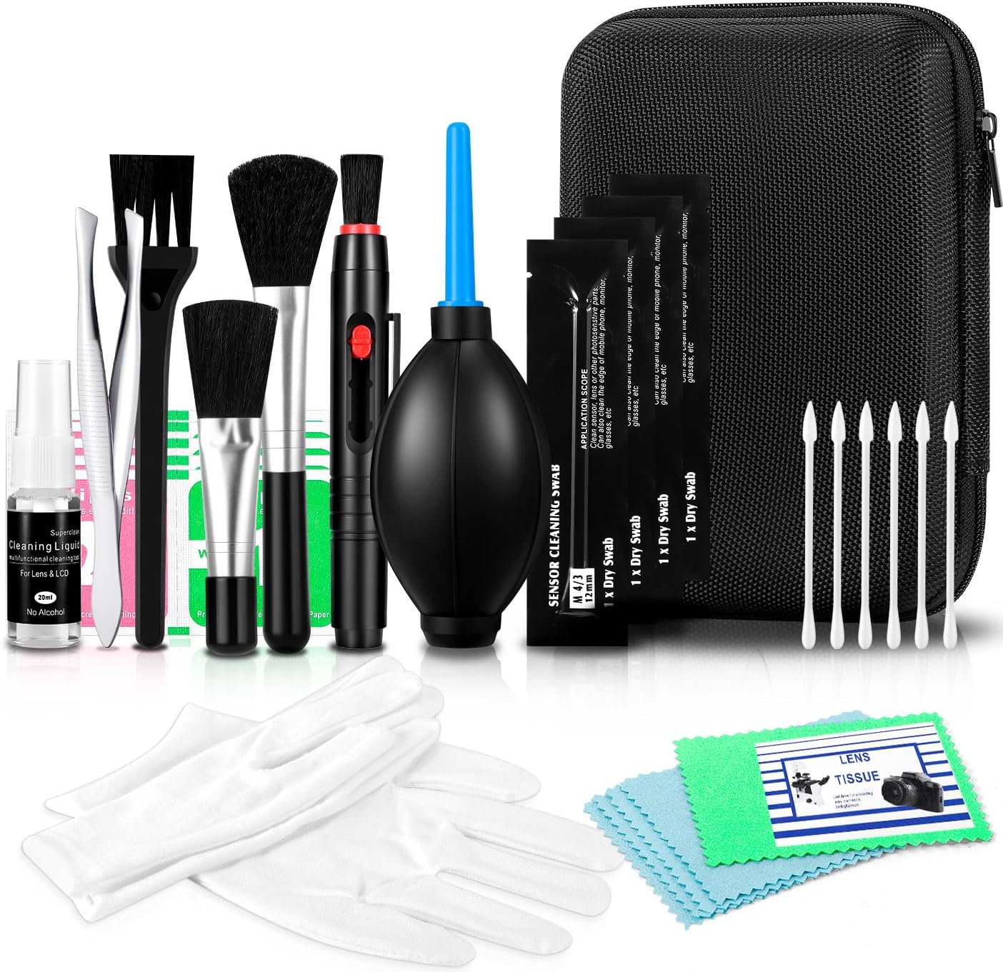 Camera Lens Cleaning Kit - Mirrorless and DSLR Camera Cleaning Kit for Canon, Sony, Nikon, Including Lens Paper/Blower, Cleaning Solution, Cotton swabs, dust Free Cloth, Lens Pen, Cleaning Brush