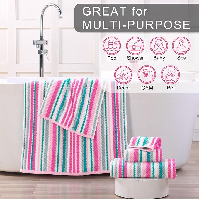 VOOVA & MOVAS Pink Soft Washcloths Set, Wash Cloth 13" x13, Striped Absorbent - Image 4