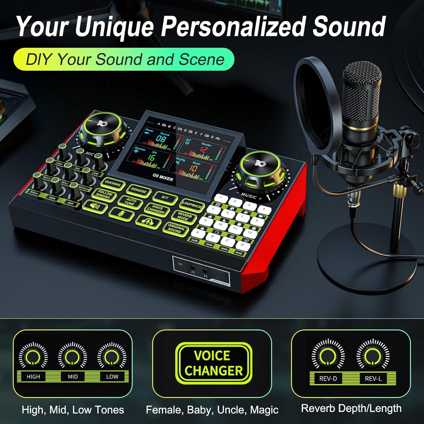 Podcast Microphone Bundle with Live Sound Card Audio Mixer, Podcast Equipment Bundle Sound Board with 3.5mm Condenser Microphone for Pc/Phone Live Streaming Singing Gaming,Voice Changer, Denoise