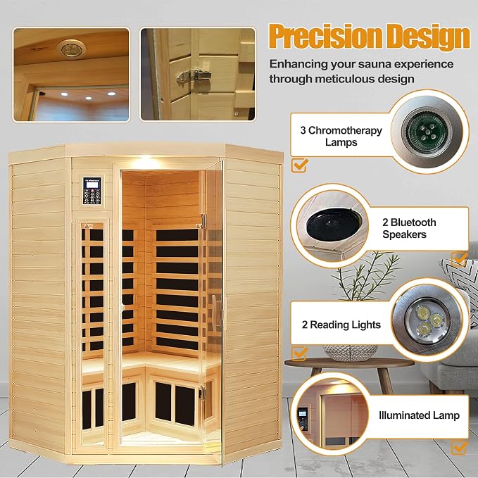Far Infrared Wooden Sauna Room, 2-3 Person Home Sauna Canadian Hemlock Indoor - Image 4