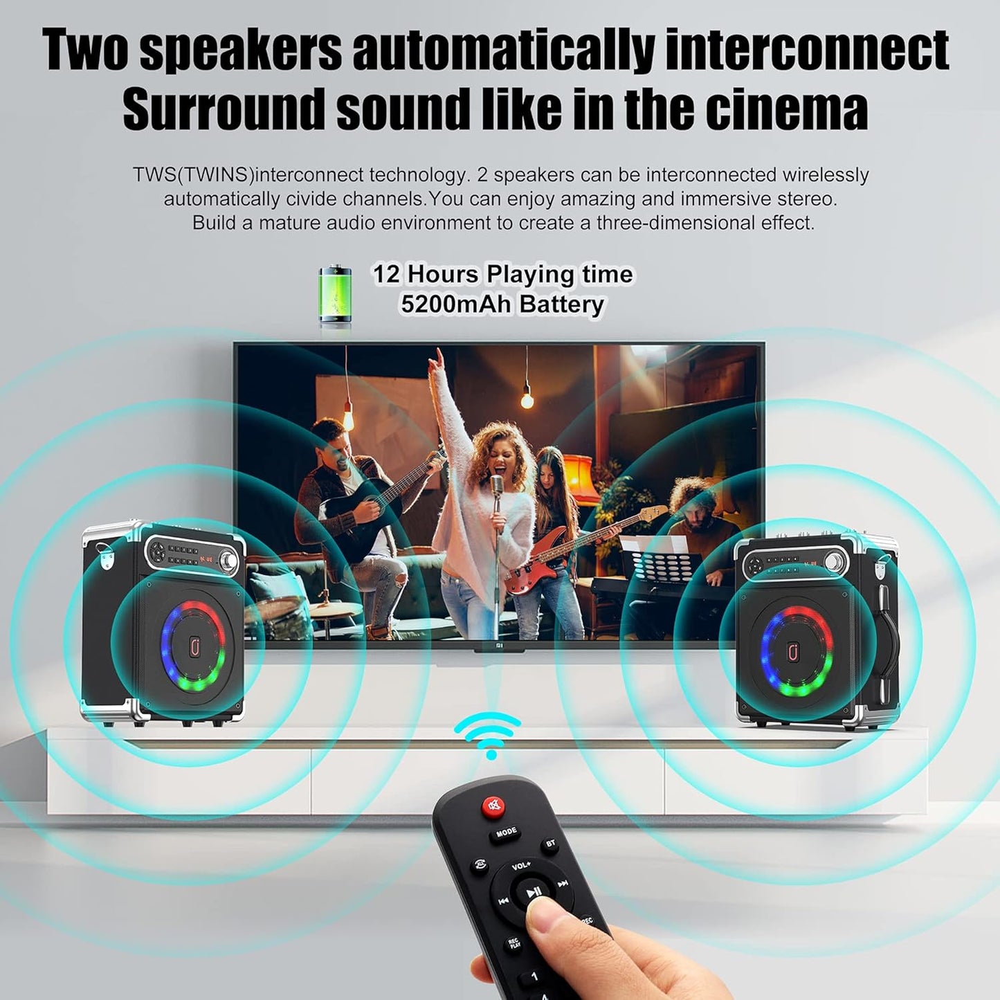 Bluetooth Speaker with Two Wireless Microphones, Outdoor Speaker with Subwoofer/Tweeter, Portable PA Speaker System with Remote Control, Discol Lights, FM, REC for Home, Party