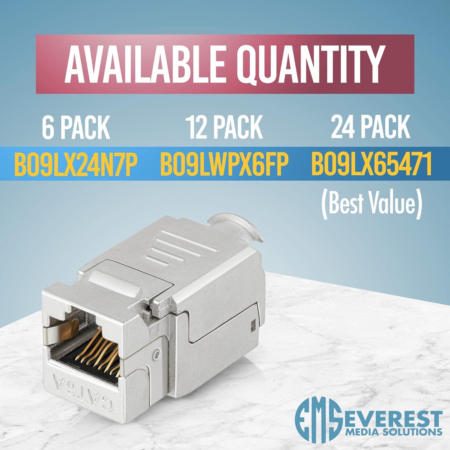 Everest Media Solutions RJ45 Shielded Keystone Jack - 24-Pack - Slim Profile, 90 Degrees, F/STP Female Connector - Tested for CAT5e, CAT6, CAT6A, CAT7 - up to 10GB Speed