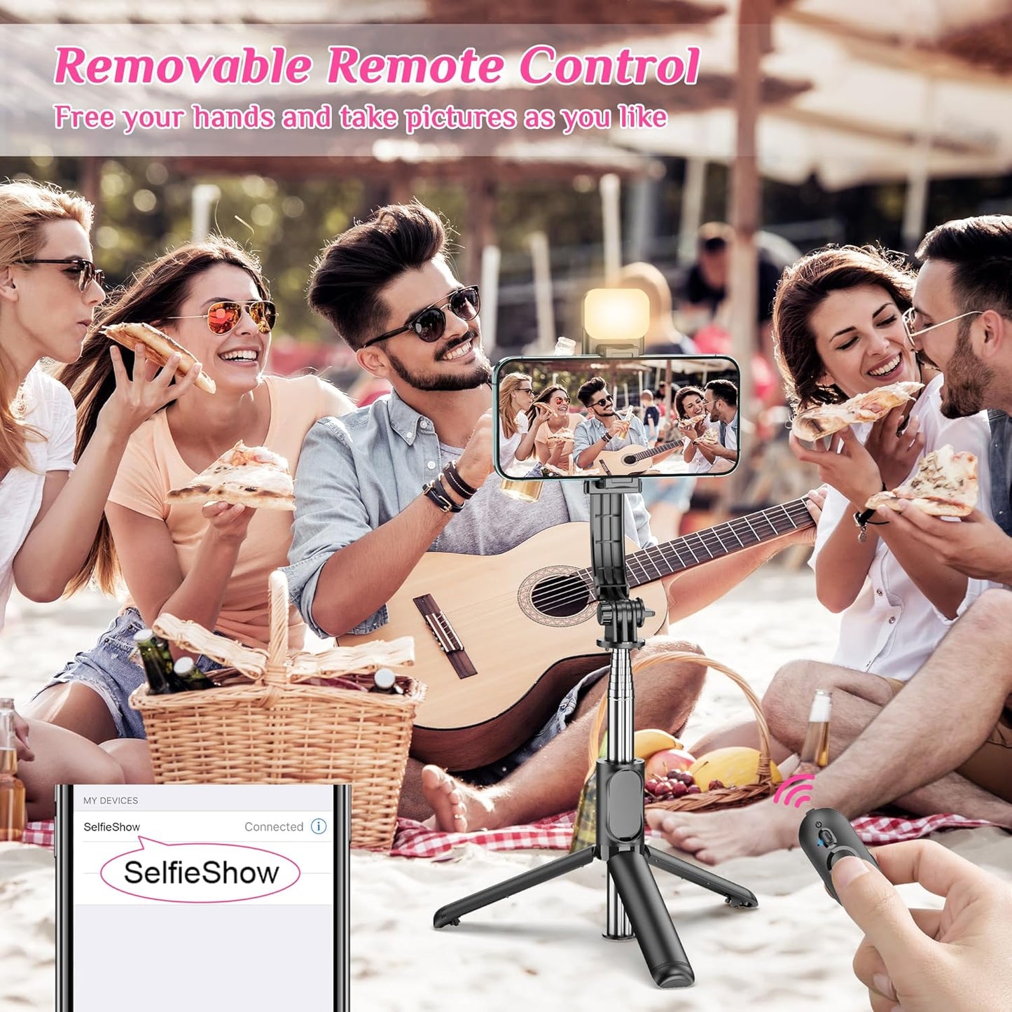 Selfie Stick Tripod with Fill Light, All in One Extendable Selfie Stick with Detachable Wireless Remote, Flexible Phone Tripod Stand Compatible with iPhone/Galaxy, Compact Size & Lightweight