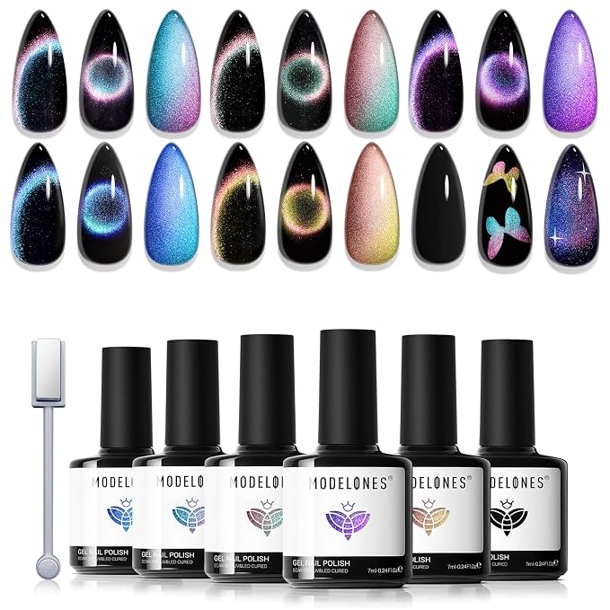 modelones Cat Eye Gel Nail Polish Set, 6 Colors Holographic Colorful Rainbow - Image 9