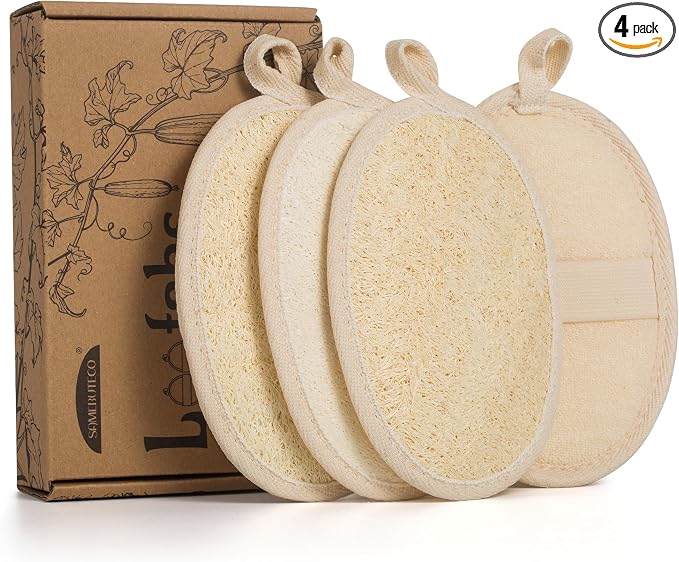SAMEBUTECO 4 Pack Natural Loofah Exfoliating Body Scrubber Pads, Large Size by HOME